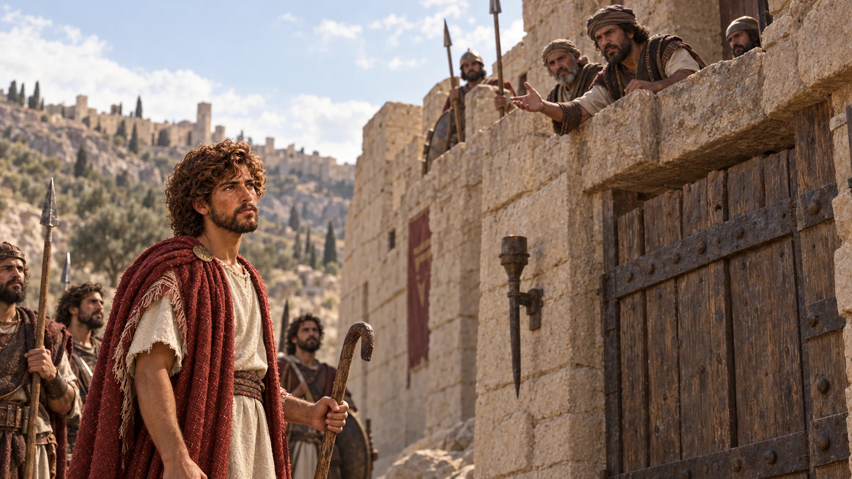 Jebusite inhabitants address David from above their closed gateway.