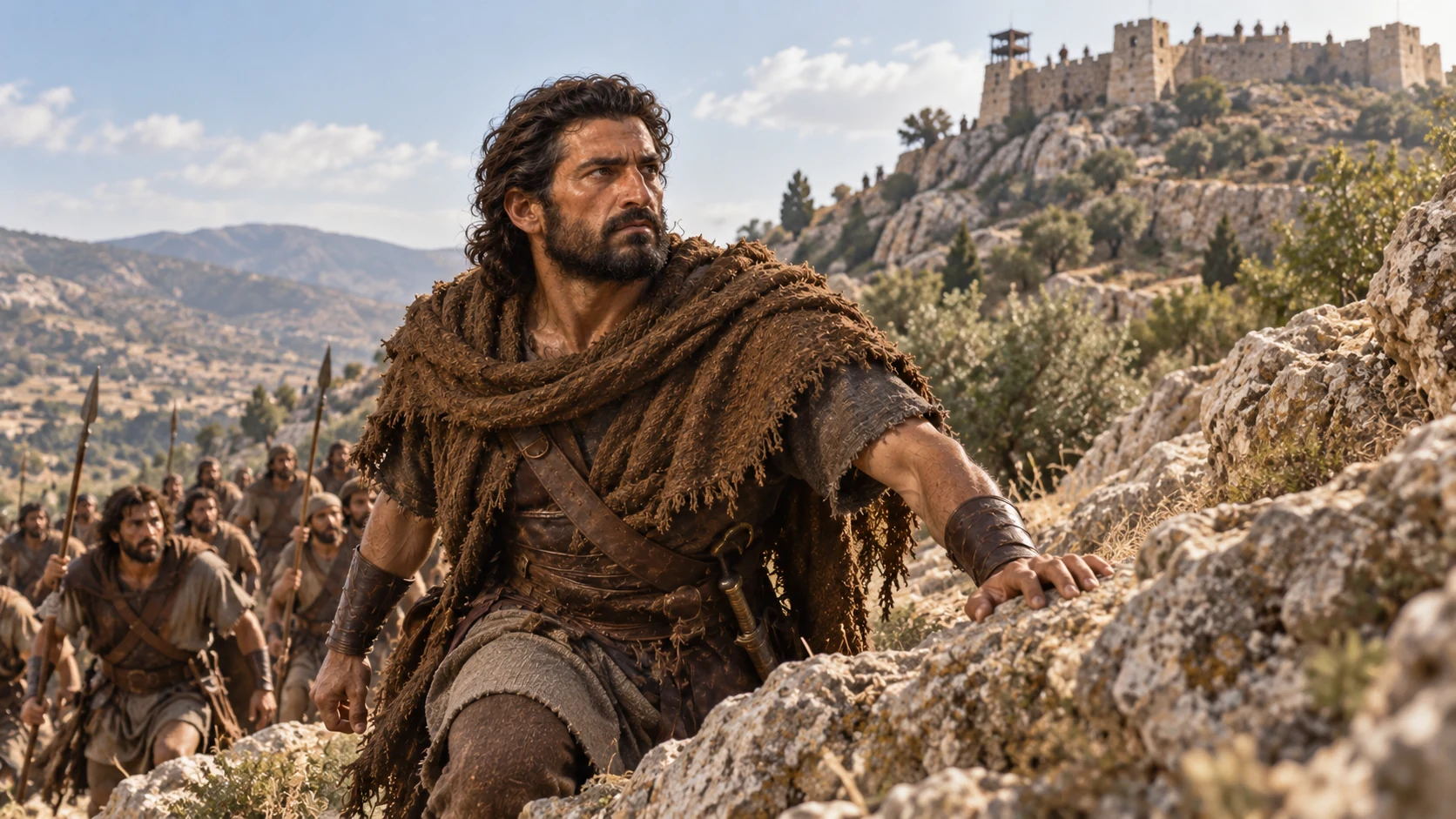 Joab ascends rocky ground ahead of other Israelite warriors.