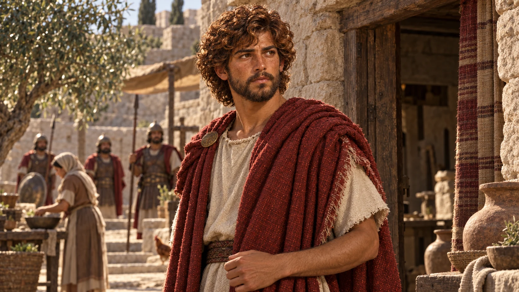 David stands beside a modest doorway within the stronghold.