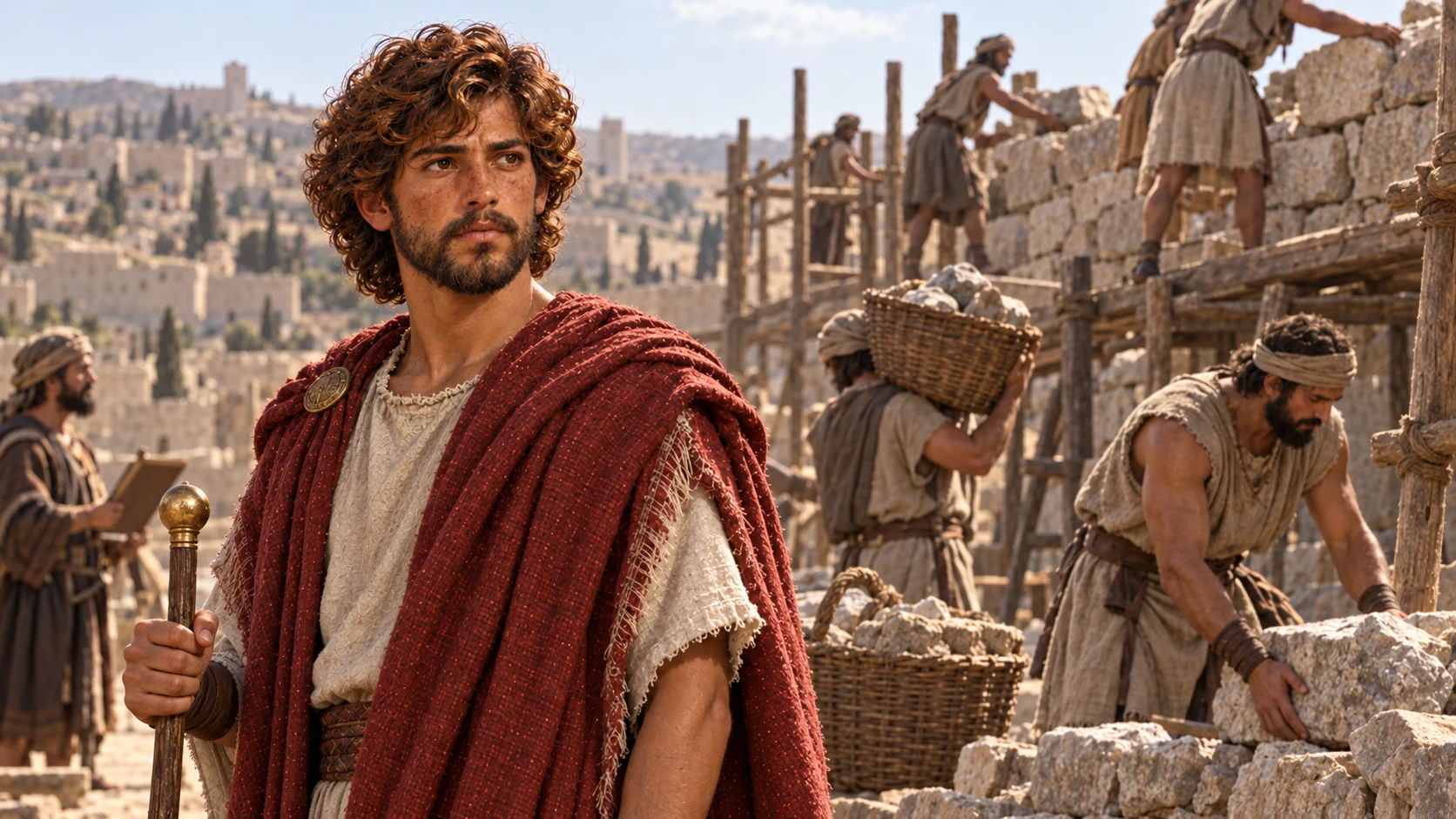 David watches workers build rough-stone city walls.