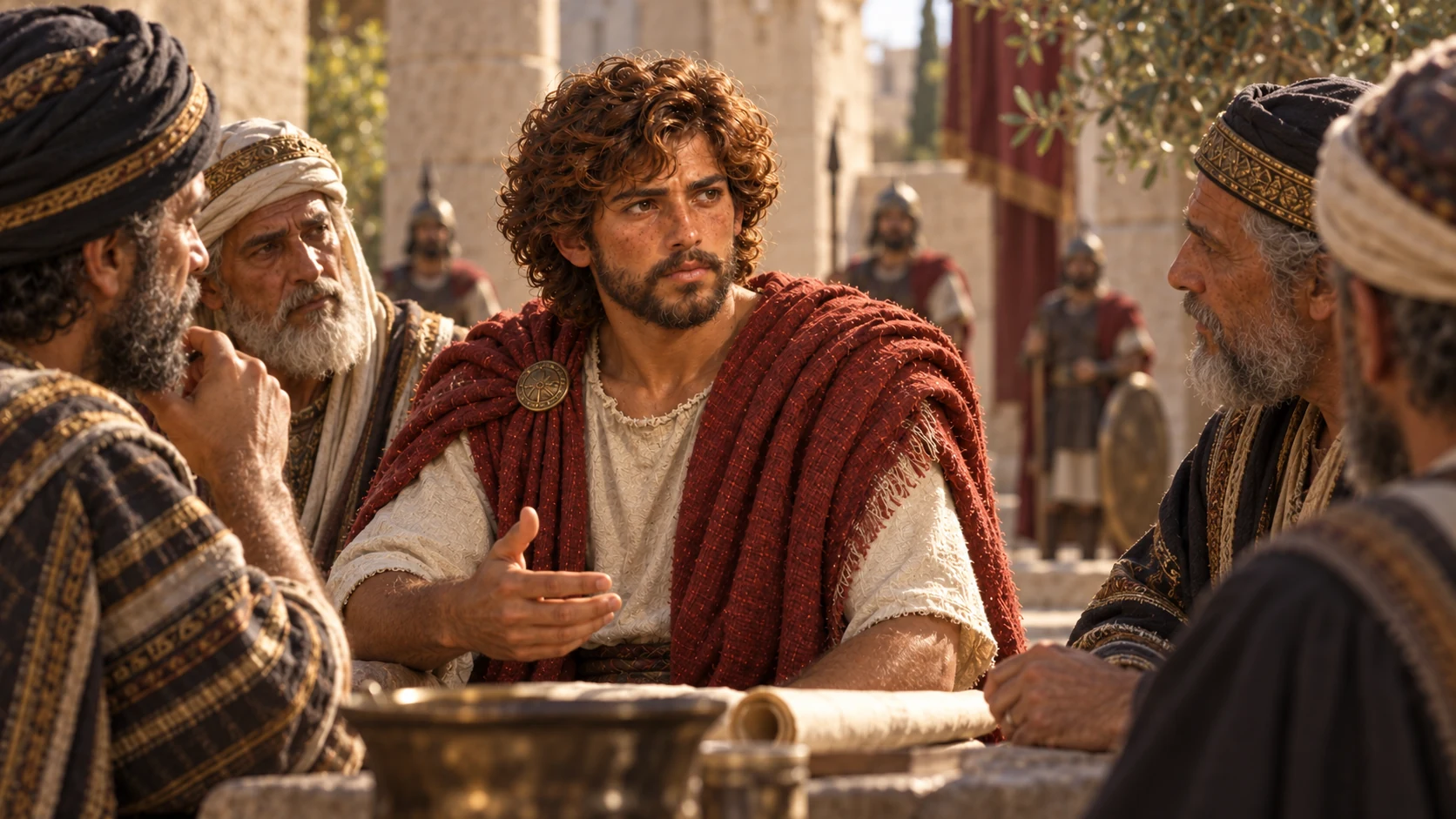 David confers with elders around a courtyard table.