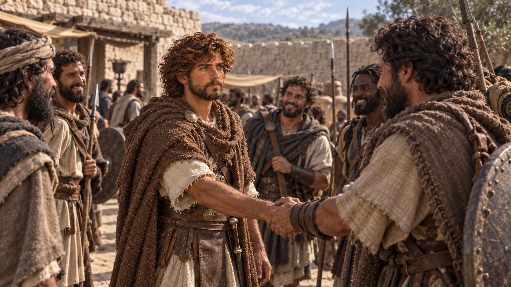 Exile David at Ziklag receives arriving warriors beside a modest stone courtyard, no royal crown