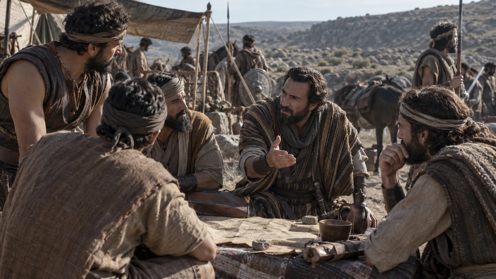 Anonymous Gadite leaders discuss military preparations in a wilderness camp, distinct faces, no literal eleven-man portrait roster