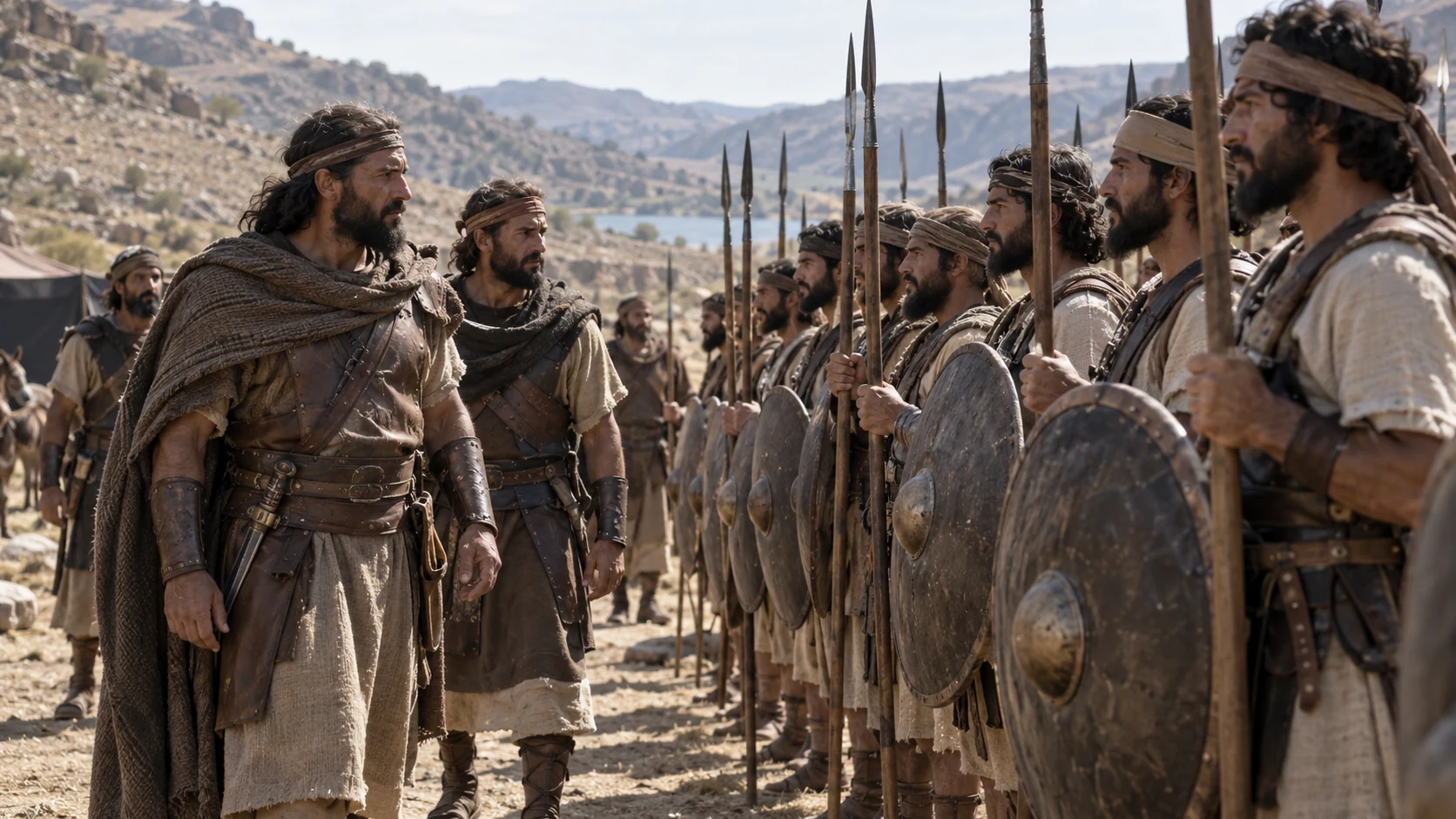Anonymous Gadite commanders inspect a representative row of adult troops with shields and spears, no exact numeric tally