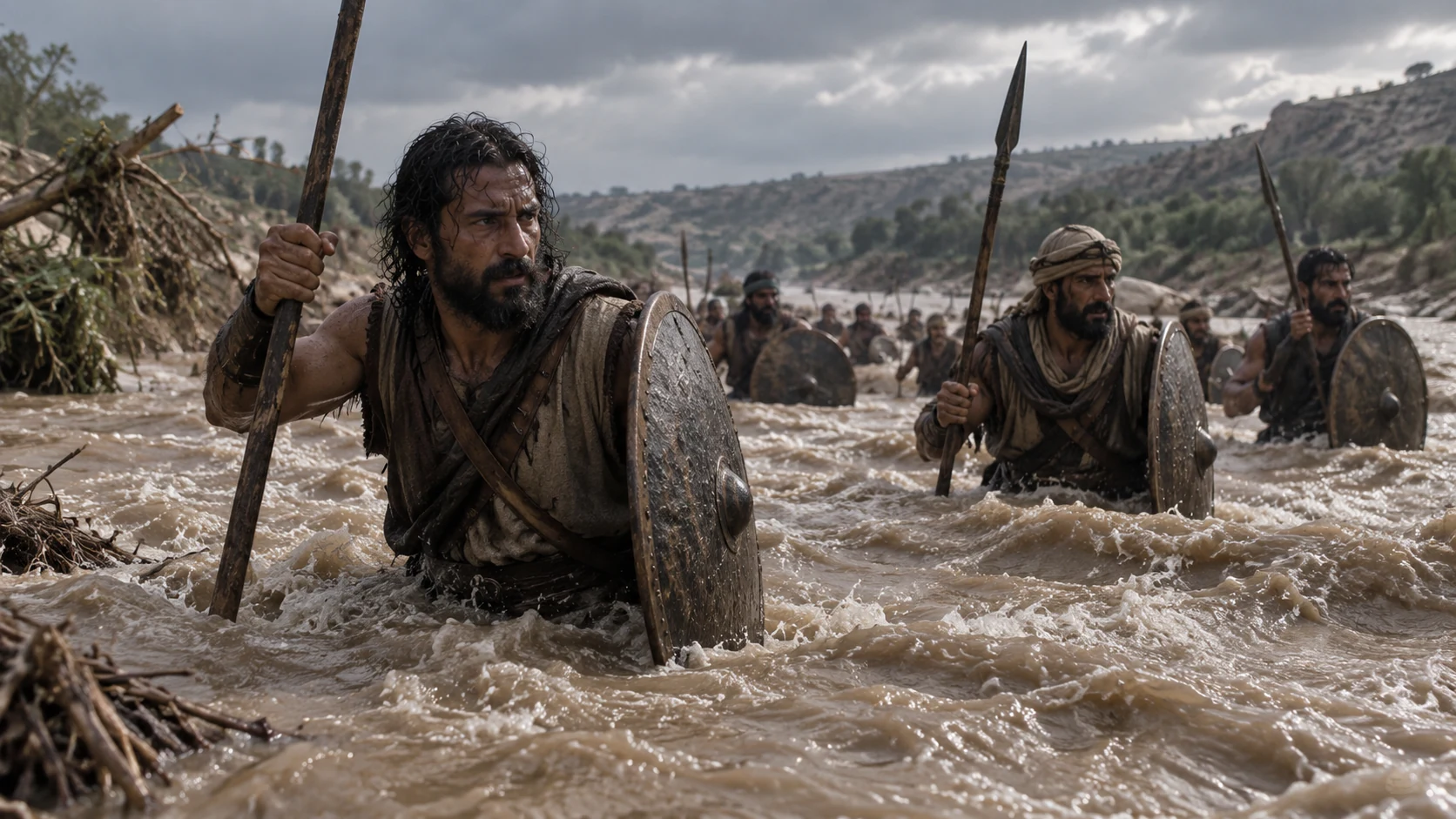 Gadite warriors cross muddy overflowing river water.