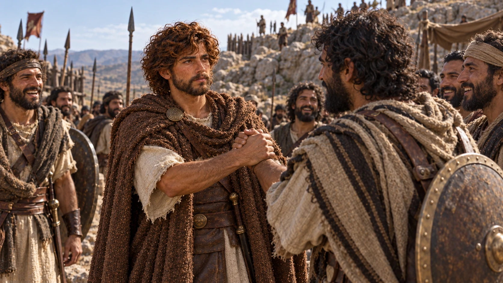 Exile David welcomes arriving helpers from Benjamin and Judah at a rocky wilderness stronghold