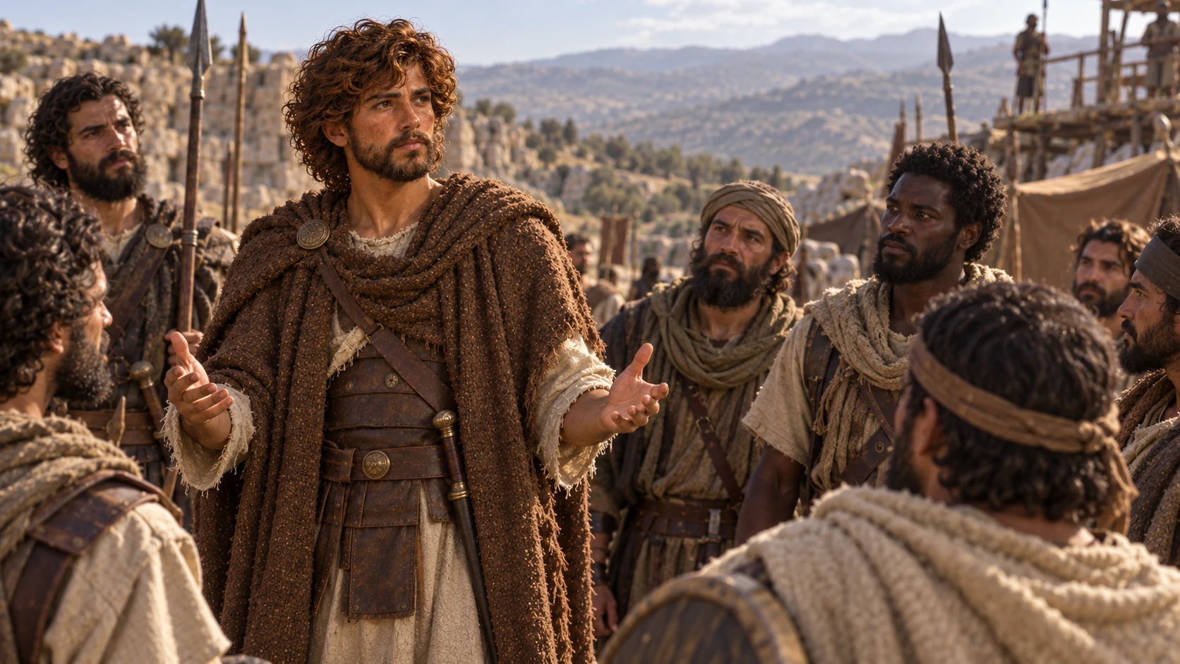 Exile David speaks thoughtfully to arriving helpers at a wilderness stronghold, open empty hands, no violence or visible God