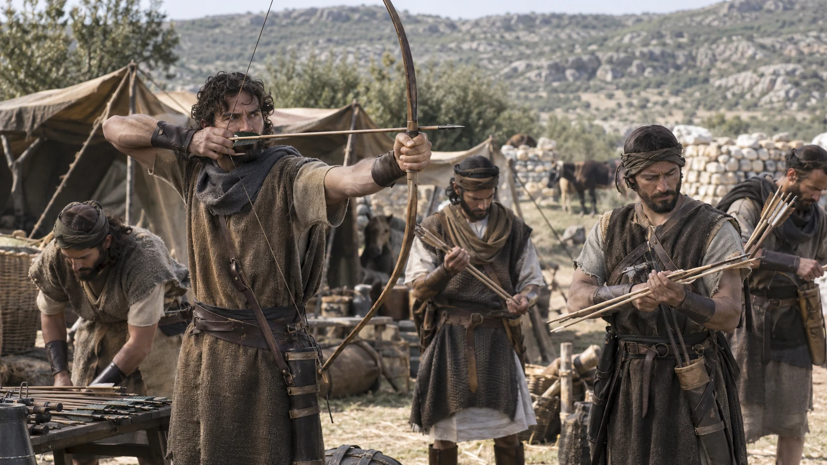 Distinct anonymous Benjaminite archers prepare bows and arrows in an ordinary rural camp