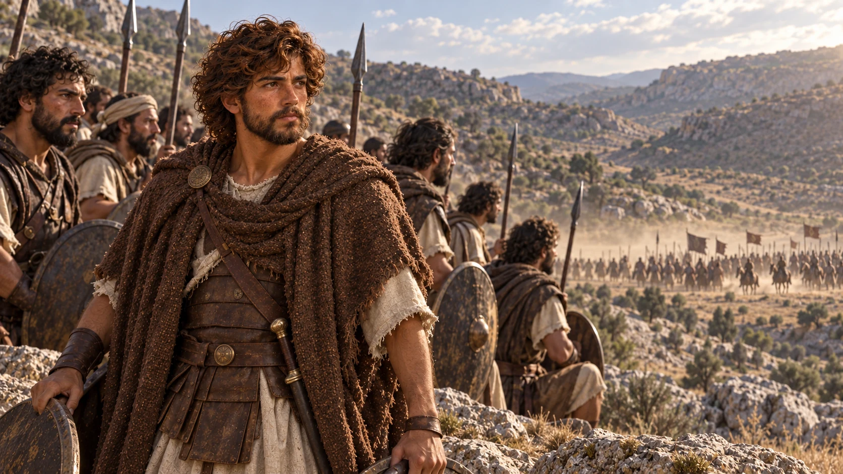 David and helpers face a distant raiding band across rocky ground.