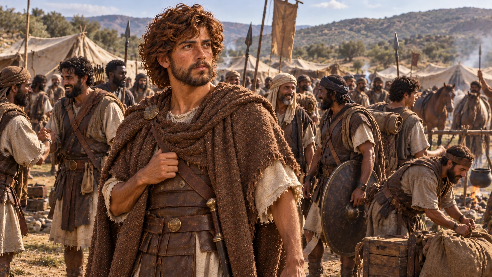 David stands in a growing camp amid arriving helpers.