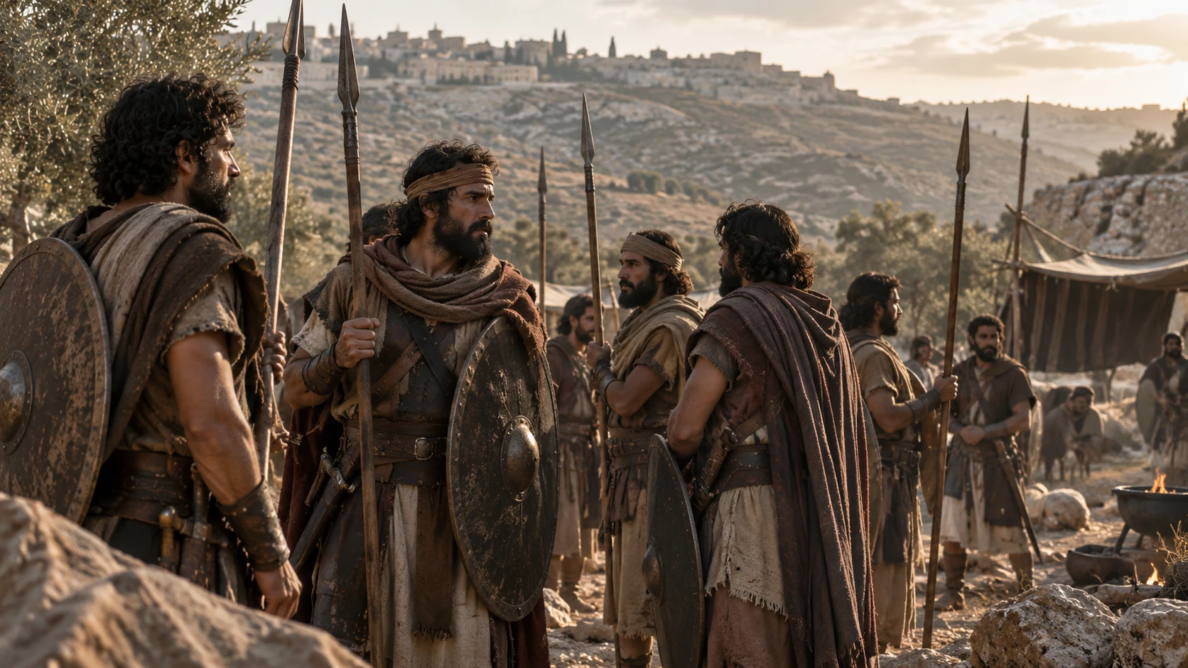 Judah’s shield-and-spear troops gather beside tents.