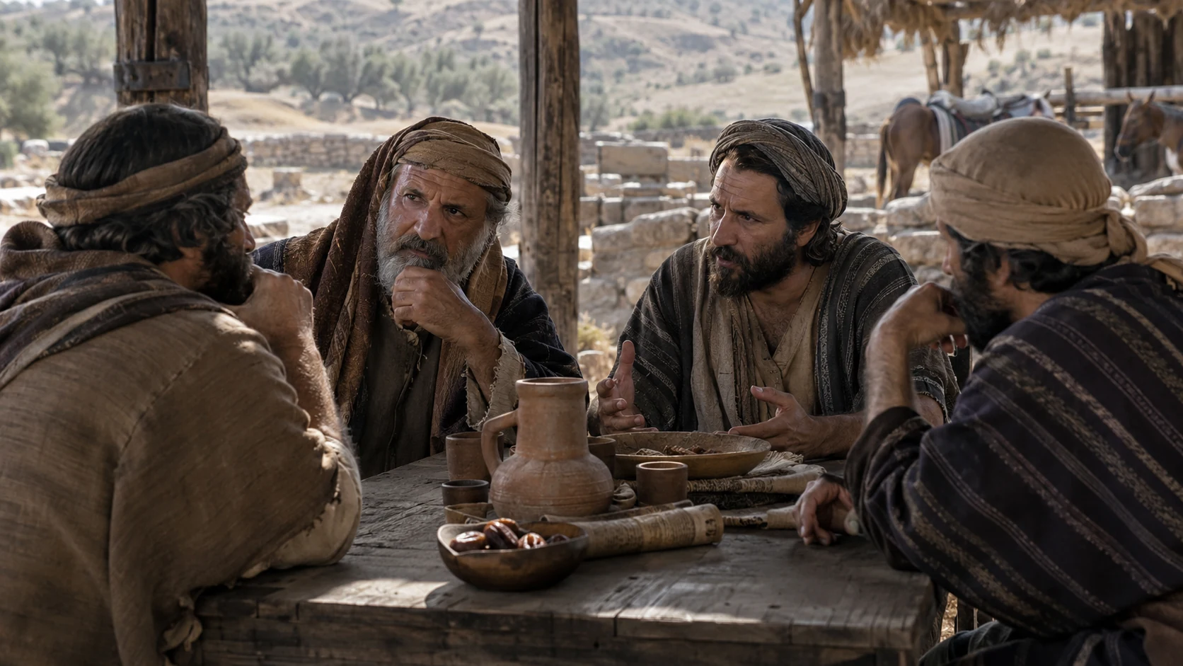 Issachar chiefs deliberate quietly around a rural table.