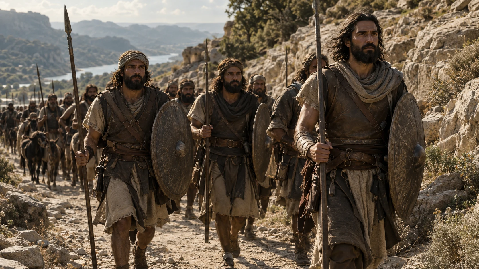 Danite warriors arrive along a rugged road.
