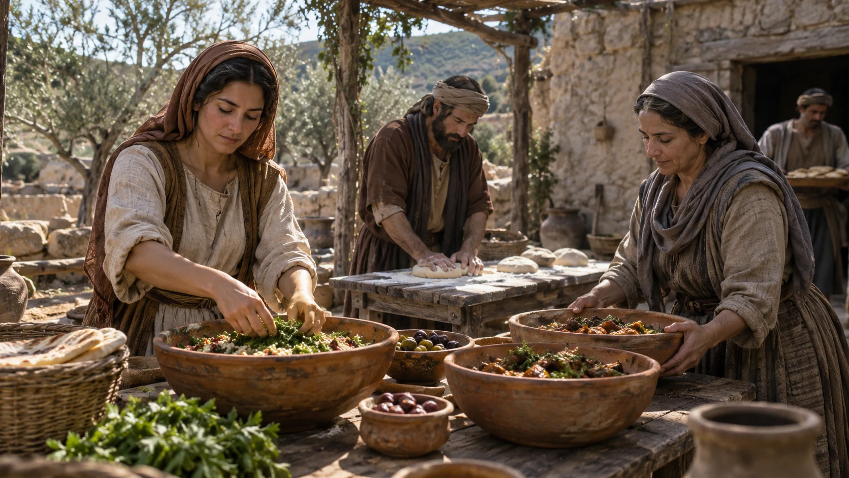 Hosts prepare food and dough in a Hebron courtyard.