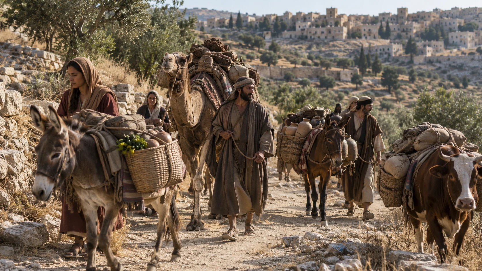 Villagers bring provisions on donkeys, a camel, a pack equine, and cattle.