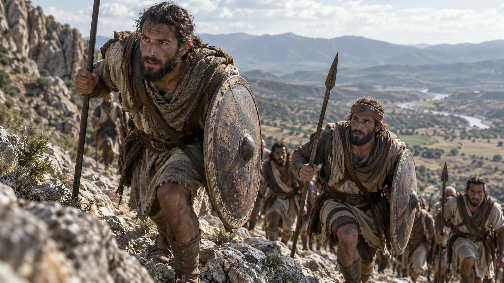 Determined anonymous Gadite warriors climb rugged wilderness mountain ground bearing natural shields and spears