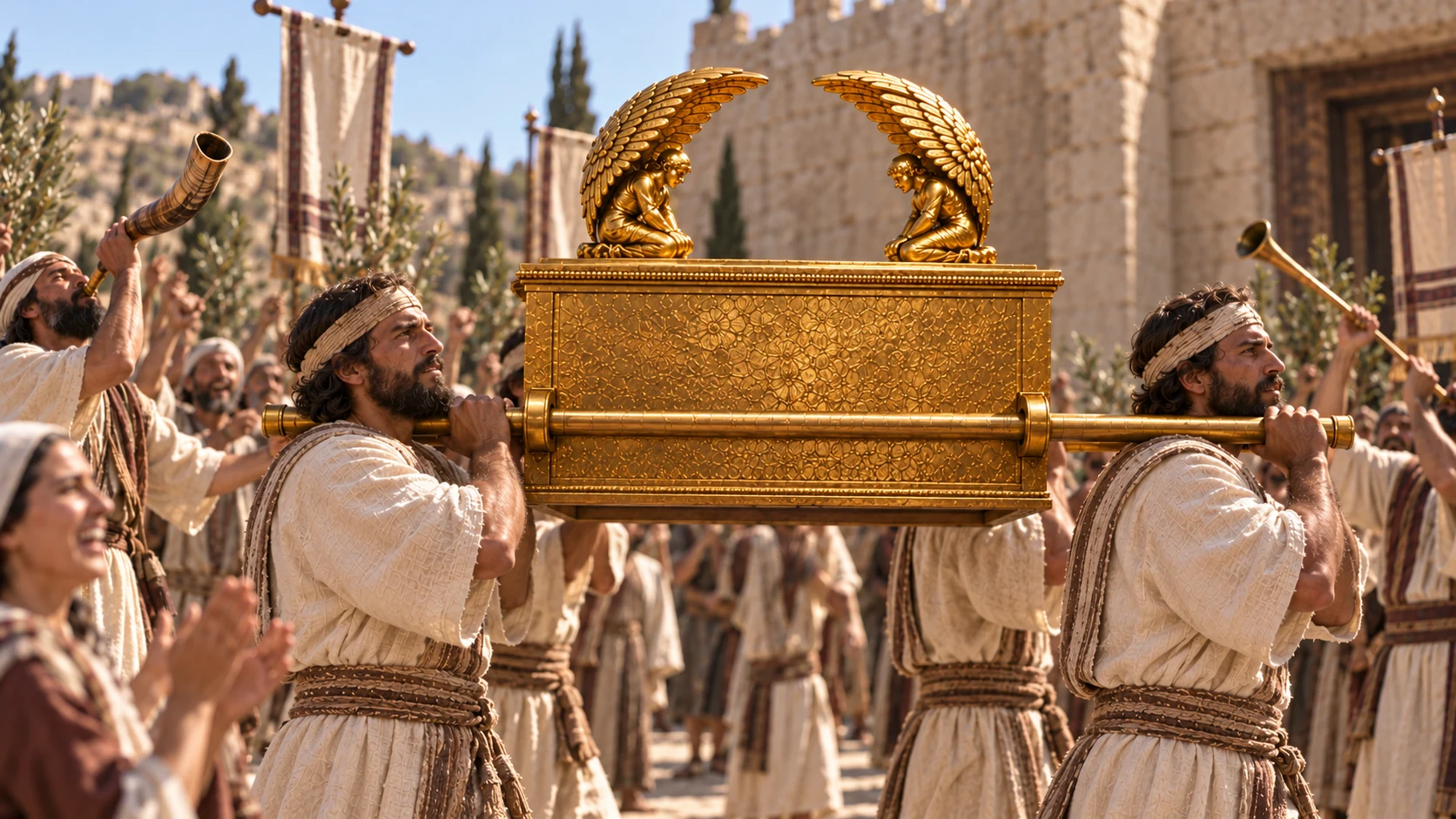 Israel brings the ark with music.