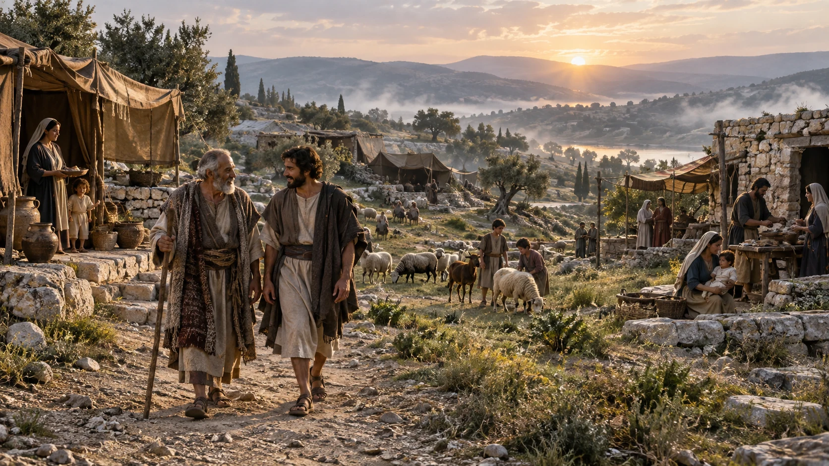 Anonymous intergenerational households occupy a terraced ancestral landscape at dawn.