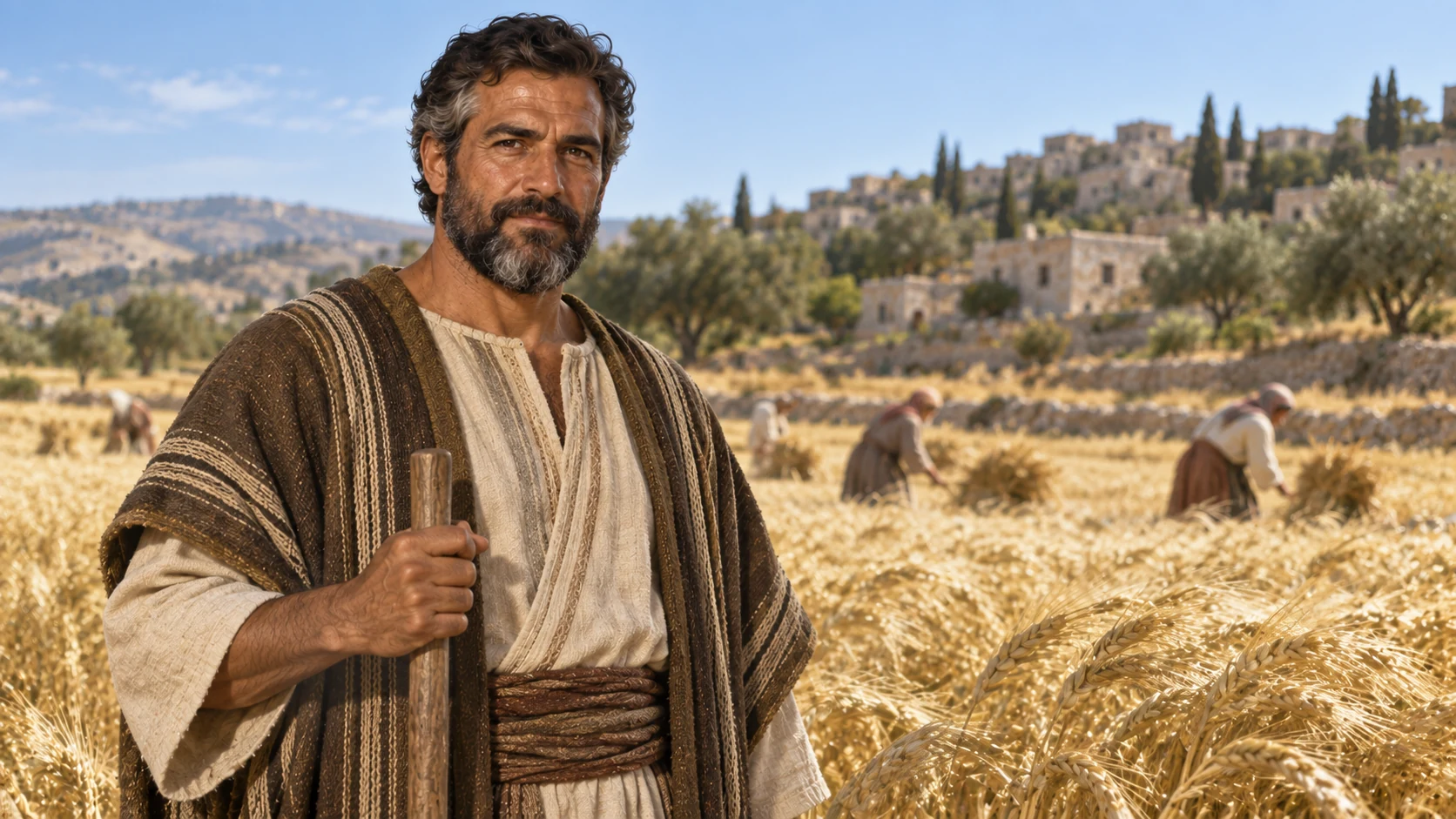 Boaz in a striped brown mantle stands in a harvest field near Bethlehem.