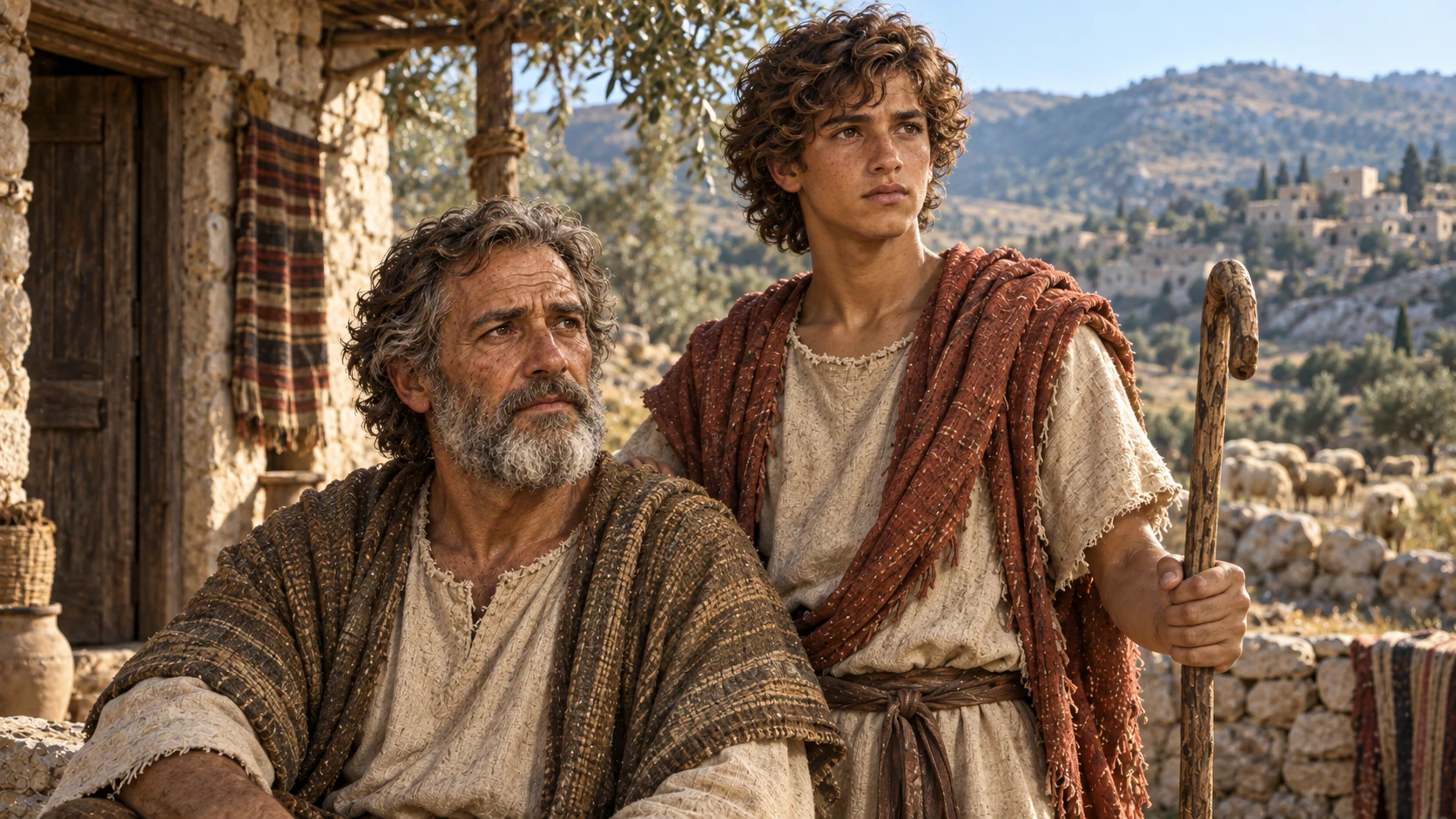 Jesse sits outside a modest Bethlehem home beside youthful David holding a shepherd’s staff.