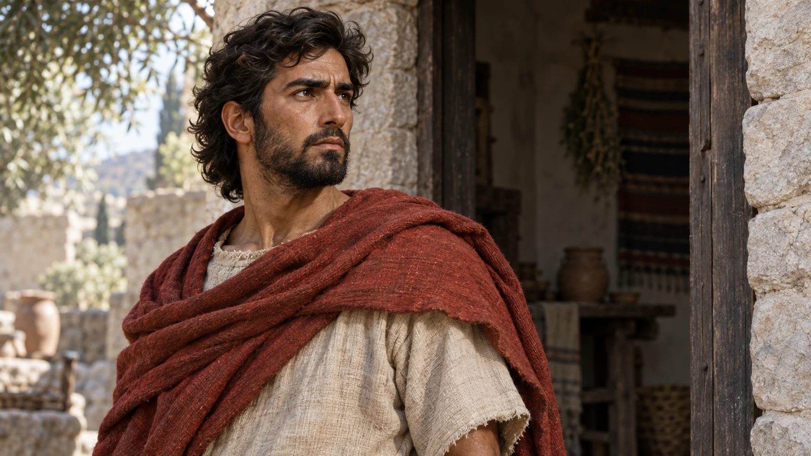 Abishai in a rust-red wrap stands at a modest household threshold.