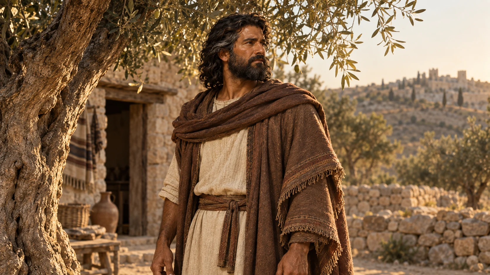 Amasa in a brown mantle stands beside an olive tree outside a family dwelling.