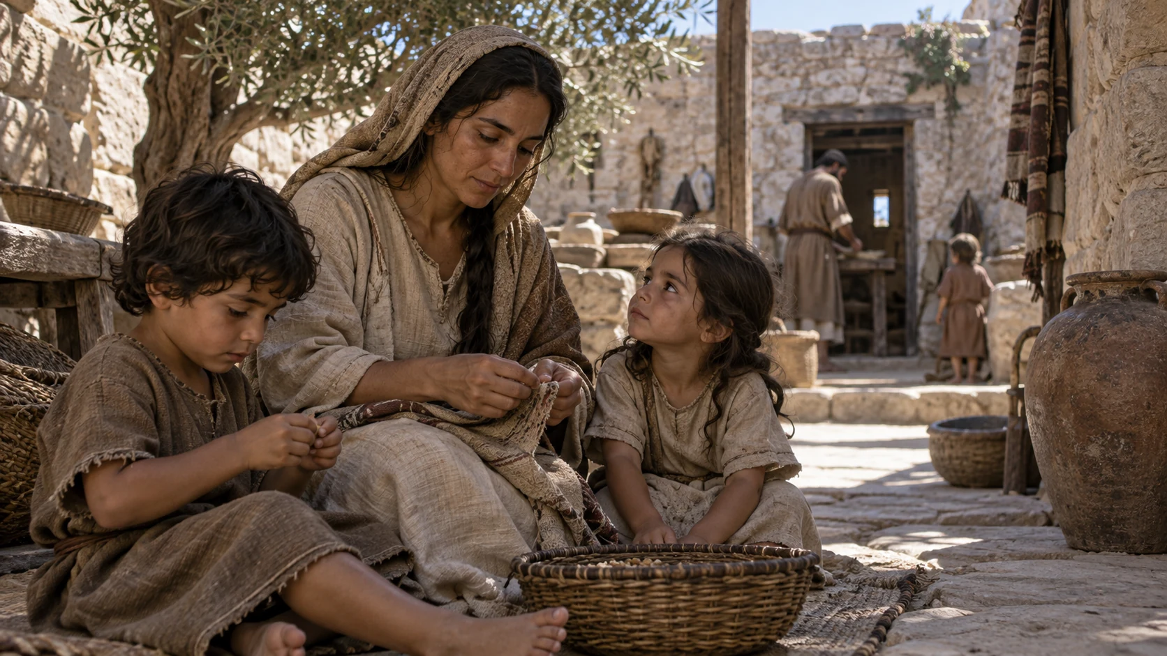 An anonymous mother sits with children in a modest courtyard.