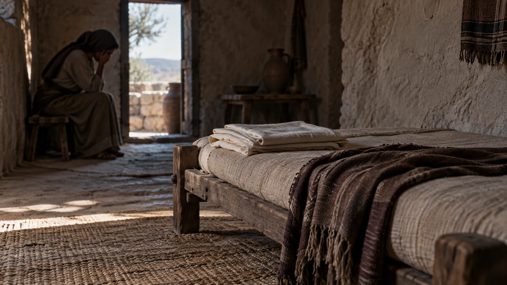 An empty resting platform and folded linen foreground a subdued household member.