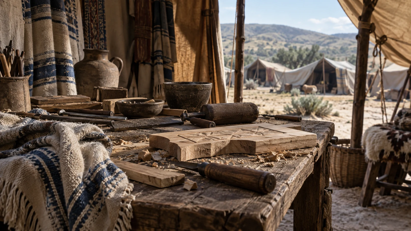 Ancient hand tools, timber and woven cloth occupy a workbench within a tent.
