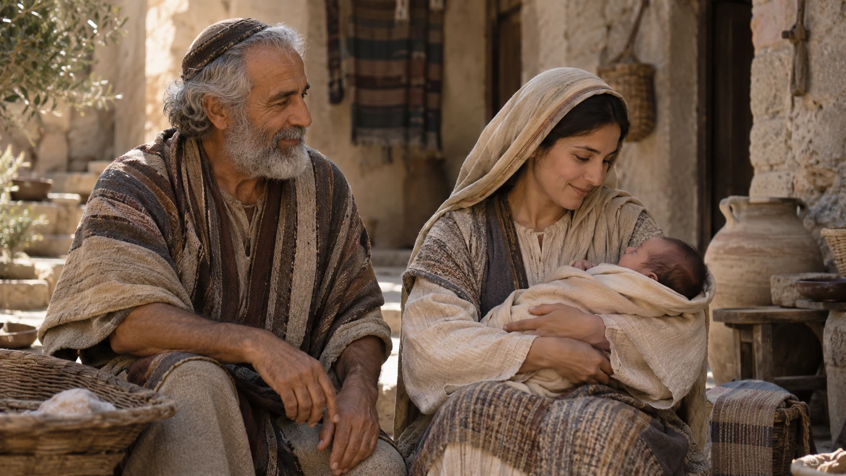 An anonymous older father sits beside a mother holding a swaddled infant.