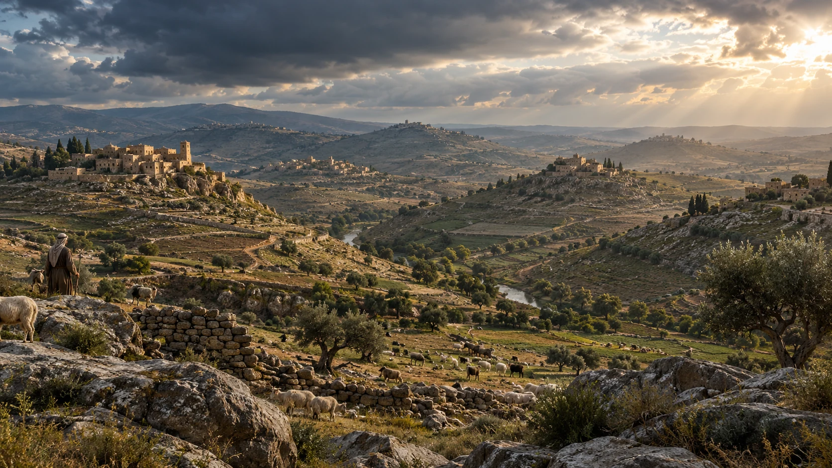 Several hill settlements and grazing flocks span an upland Gilead landscape.