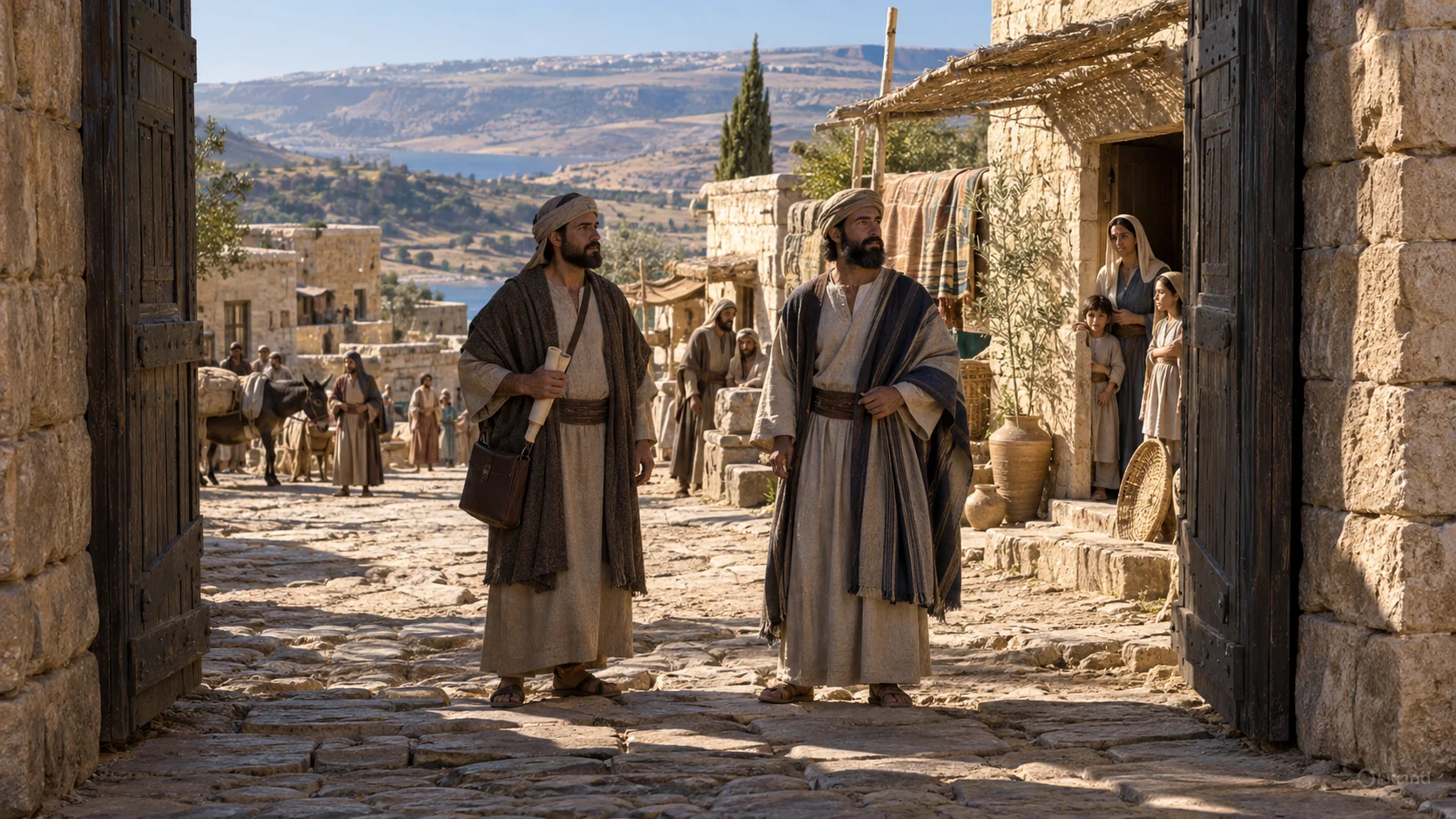 Two plain-clothed officials stand inside a town gate after a transfer of control.