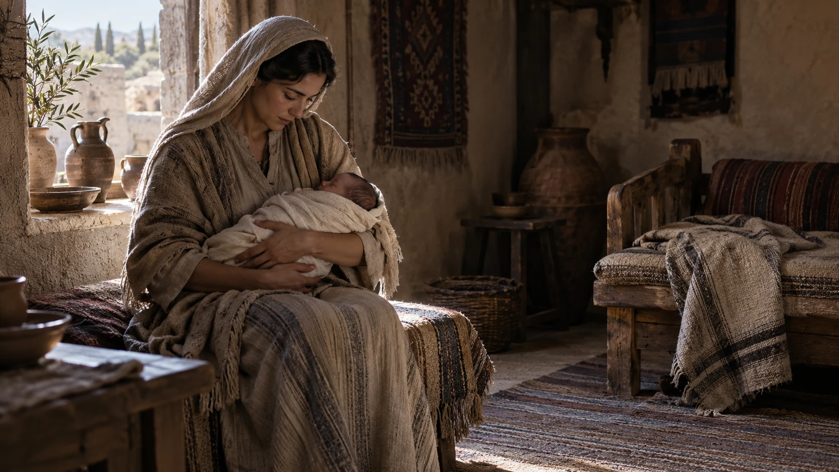 A mother cradles a swaddled newborn beside an empty household place.