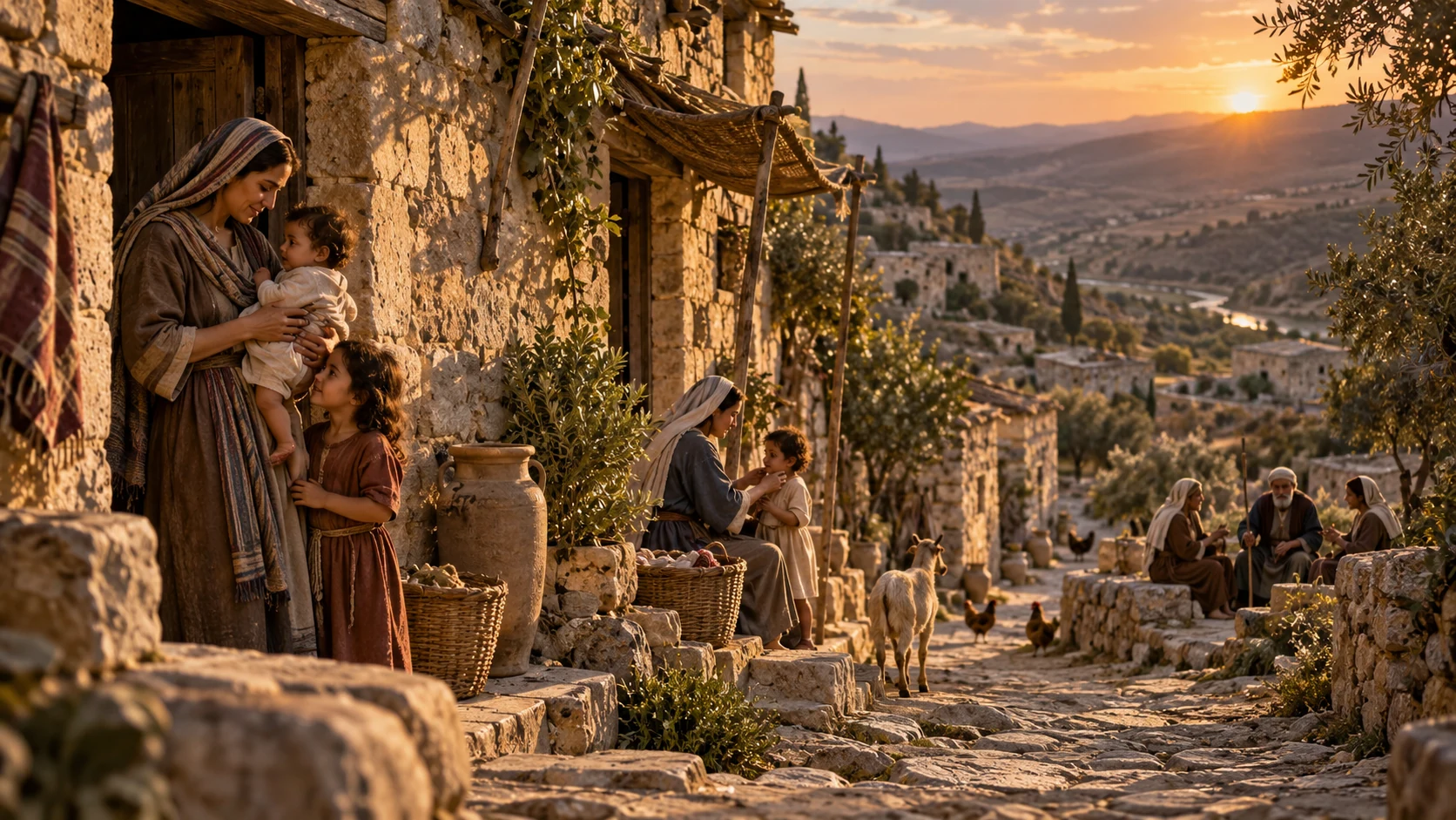 Women and children occupy separate thresholds along a hillside household lane.