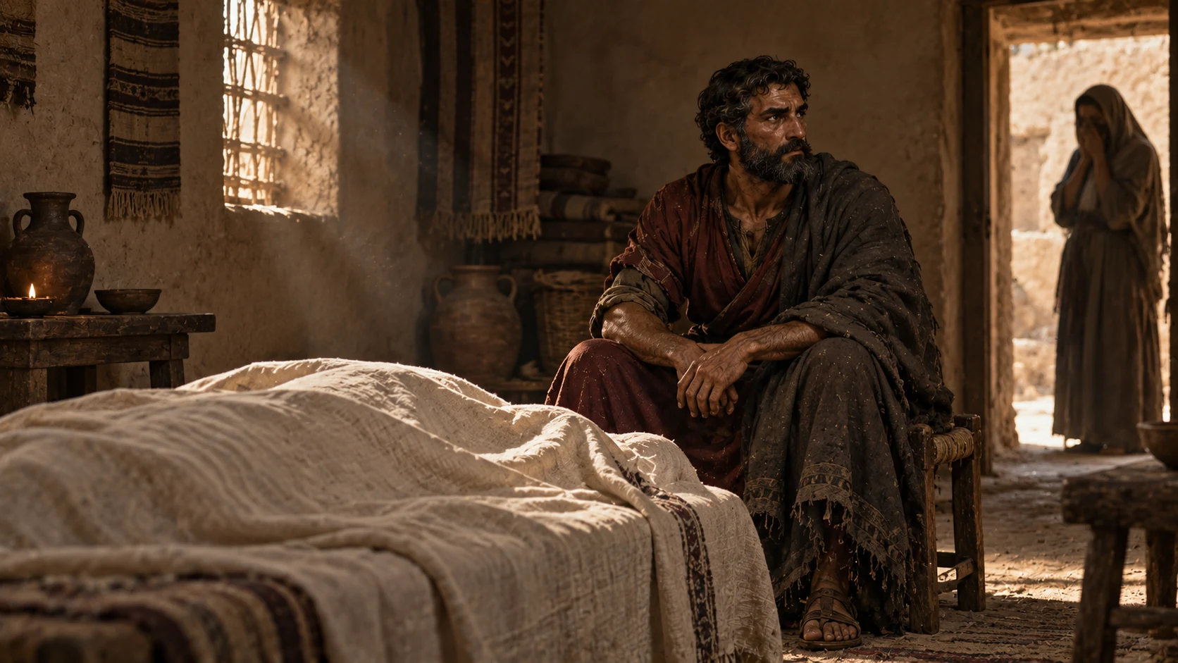 Judah sits beside a linen-covered resting place in a subdued household.