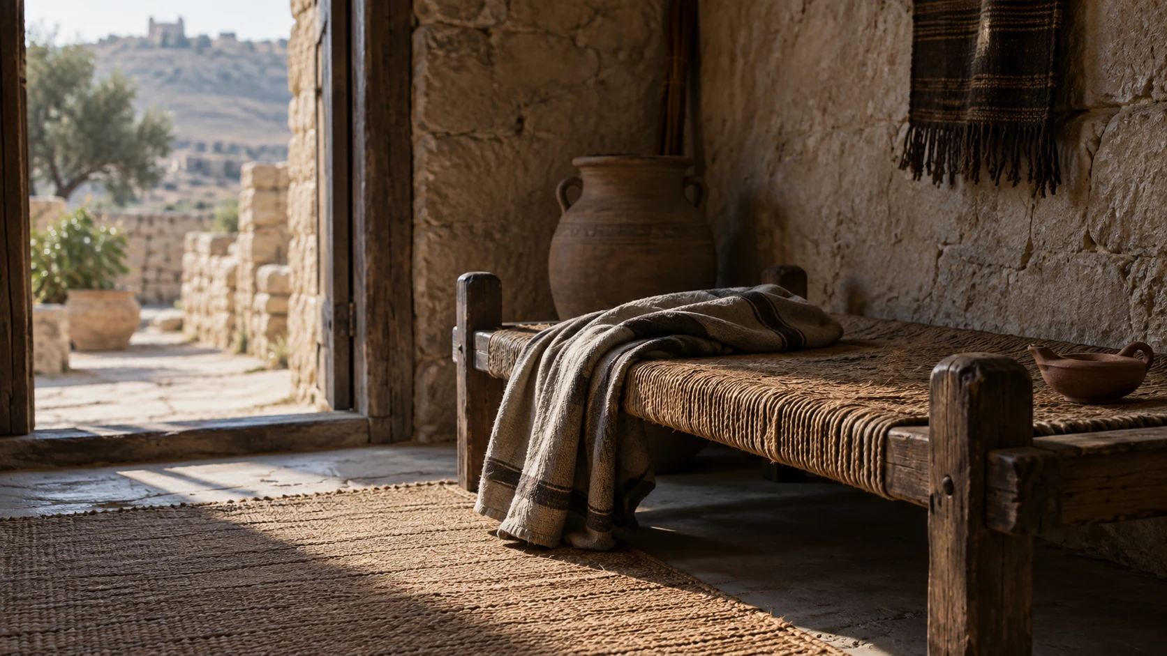 An empty resting platform, folded garment and unlit lamp occupy a quiet doorway.