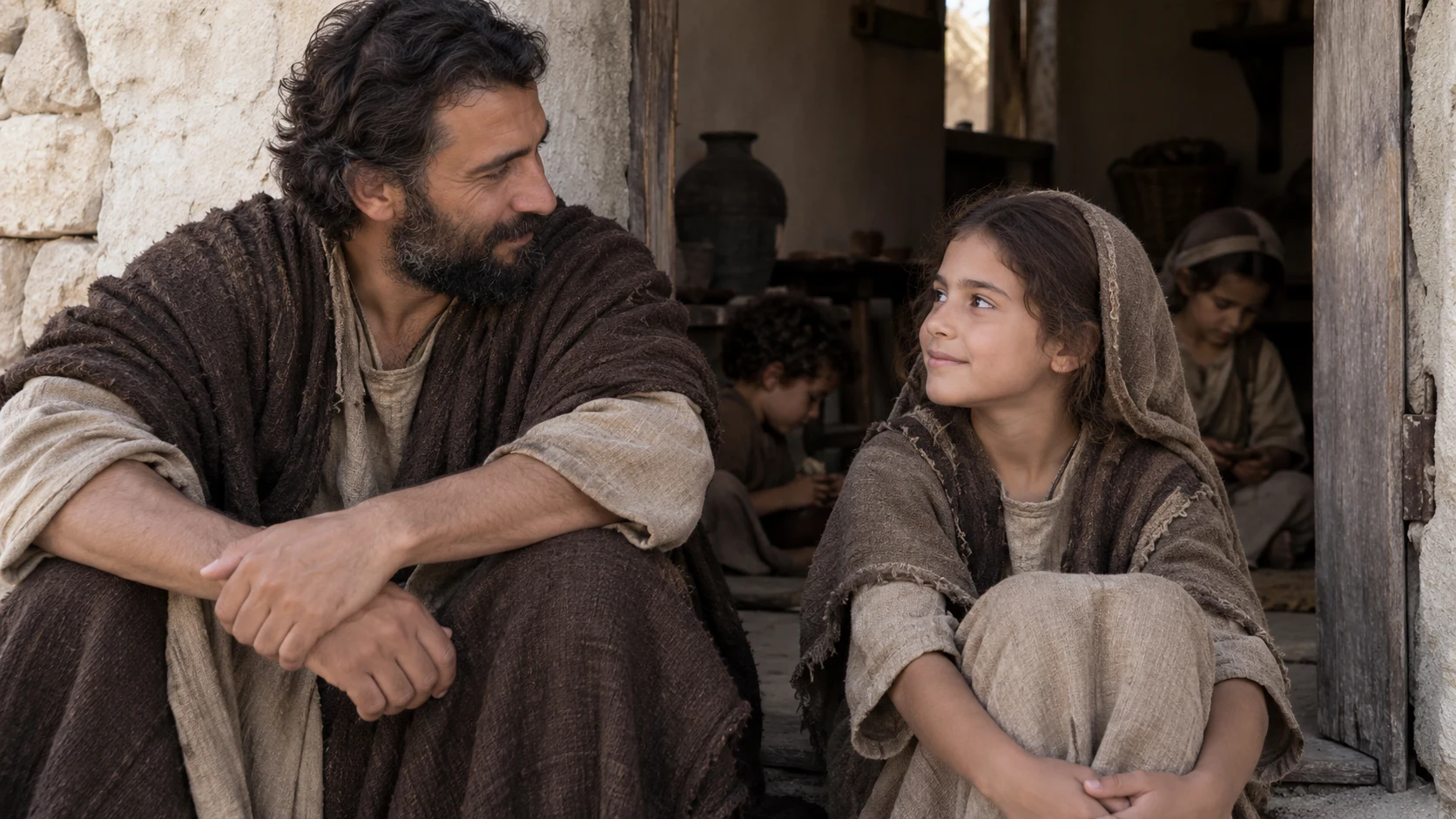 An anonymous father and daughter sit at a family threshold.