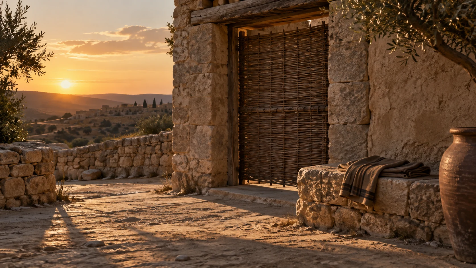 A folded mantle rests beside an empty household gateway at sunset.