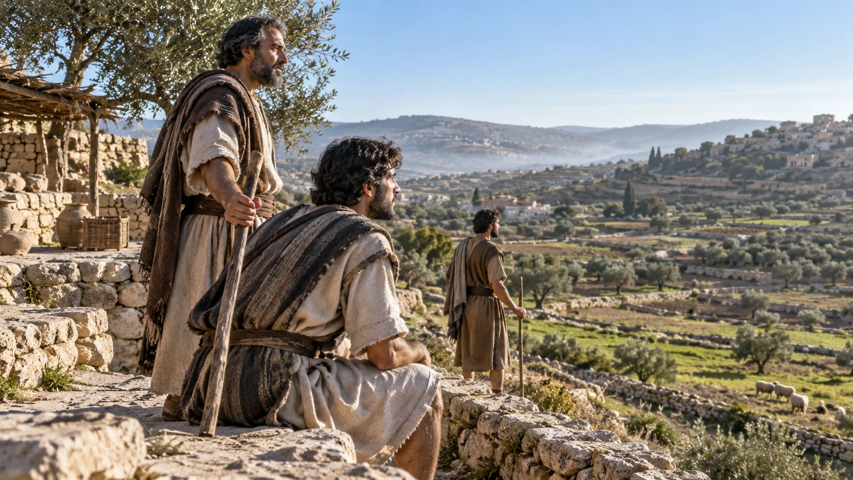 Anonymous father and adult sons occupy separate depths of a terrace overlooking fields.