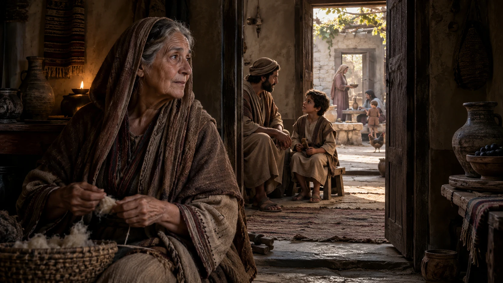 An older woman sits in an interior with younger household generations beyond successive doorways.