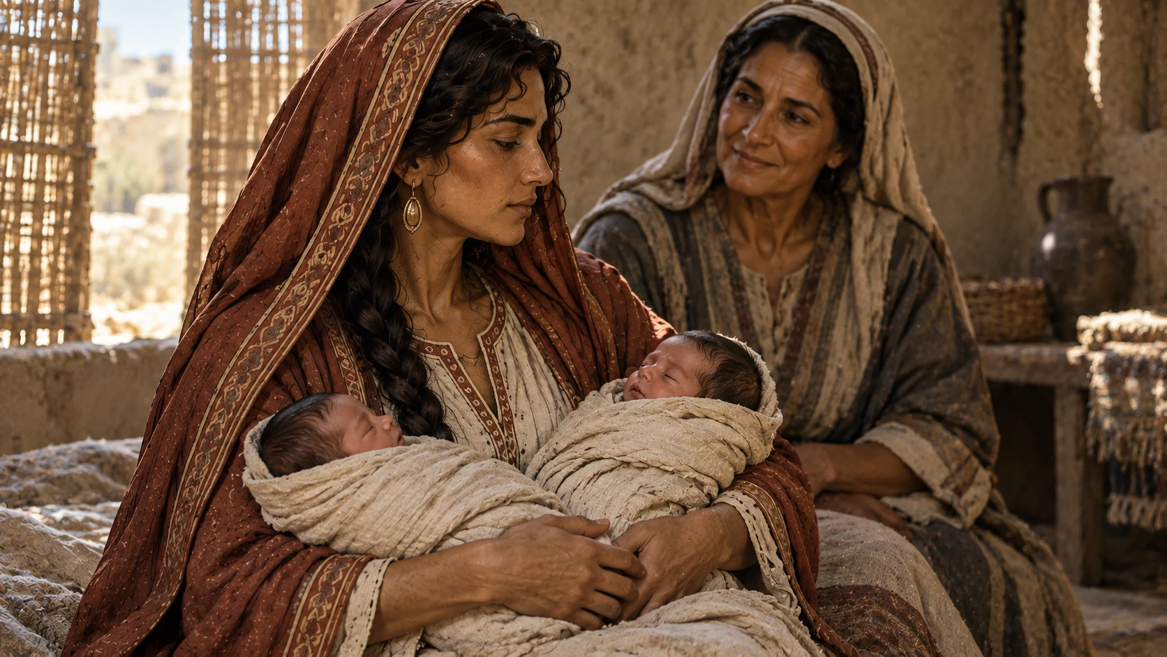Tamar cradles the swaddled newborns Perez and Zerah in a modest household.