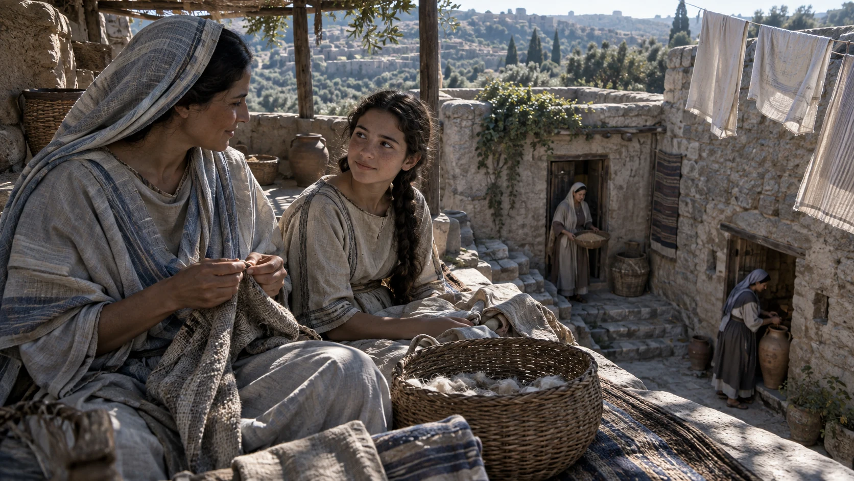 Anonymous women and a girl occupy a rooftop terrace and separate household thresholds.