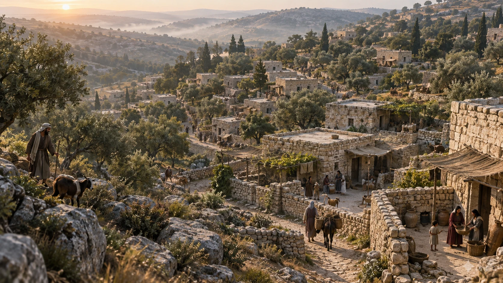 Families occupy a wooded hill settlement at dawn.