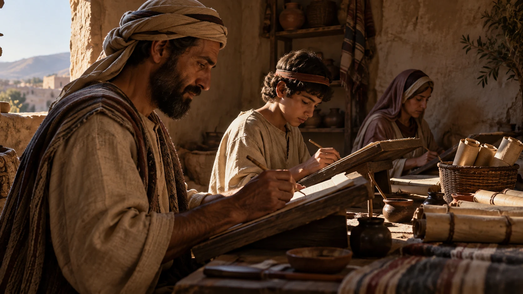 Anonymous scribes work with reed pens on surfaces angled away from the camera.