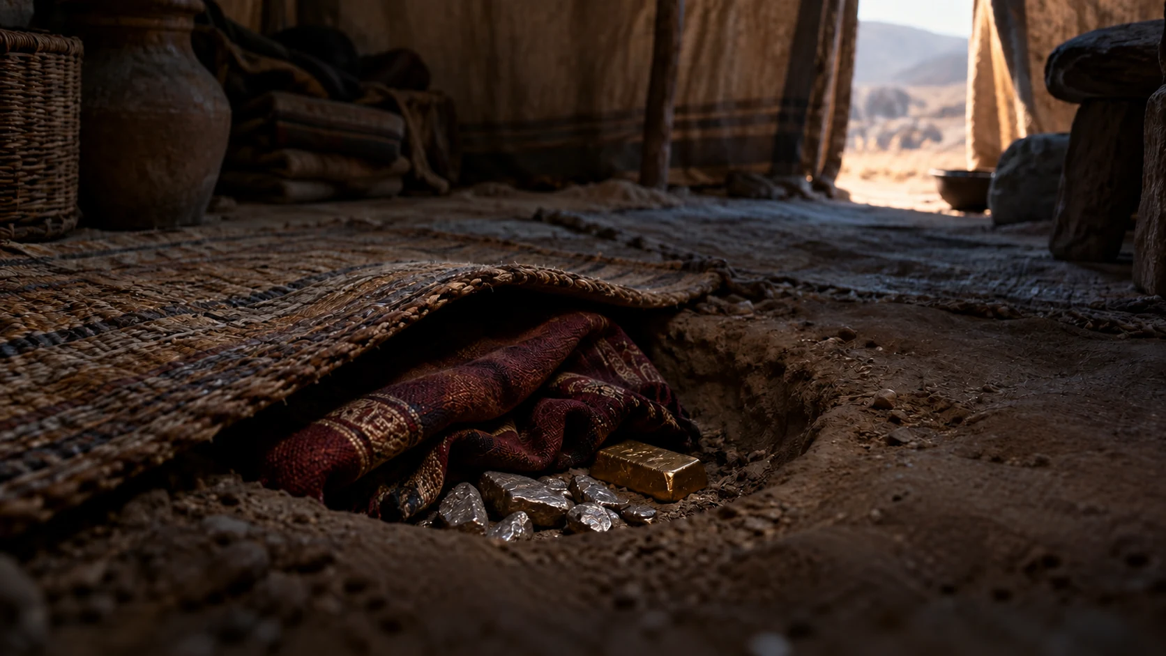 A fine cloak, irregular silver fragments and a gold bar lie partly concealed under a mat inside a tent.
