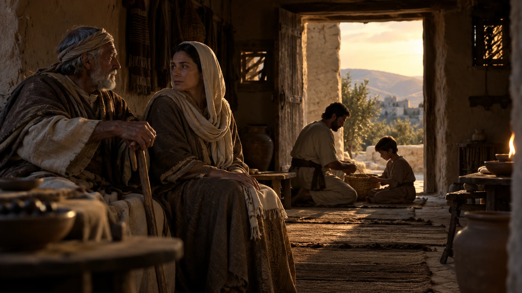 Anonymous older and younger generations occupy a modest household with an open sunlit doorway.