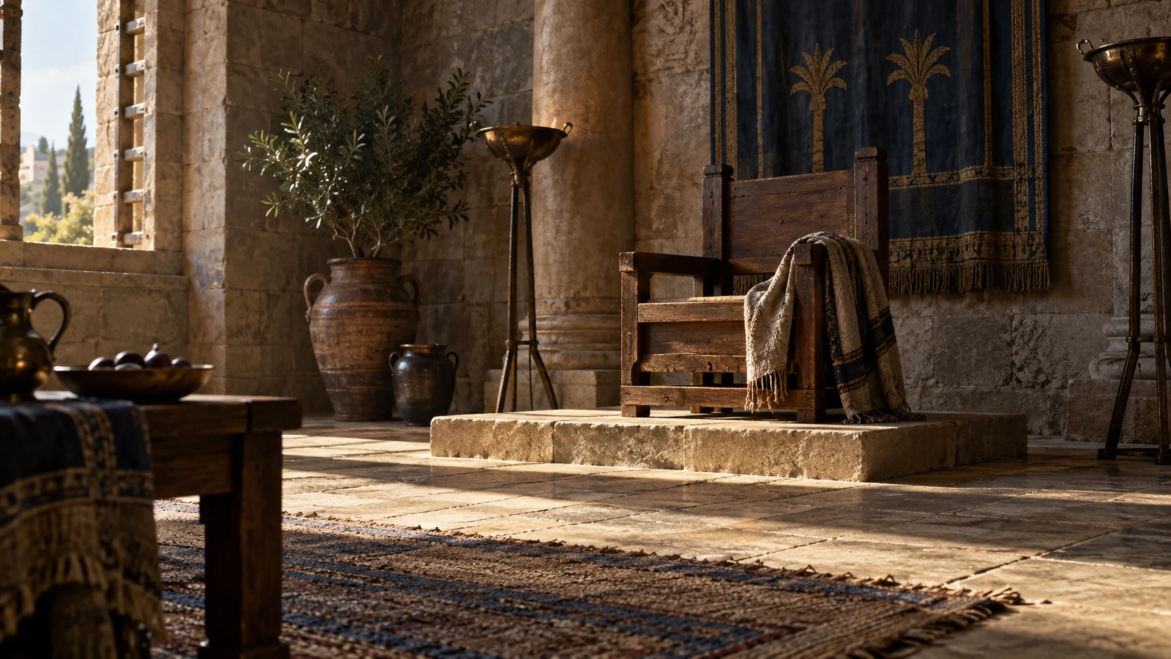 An empty wooden royal seat and folded mantle stand in a quiet stone audience chamber.