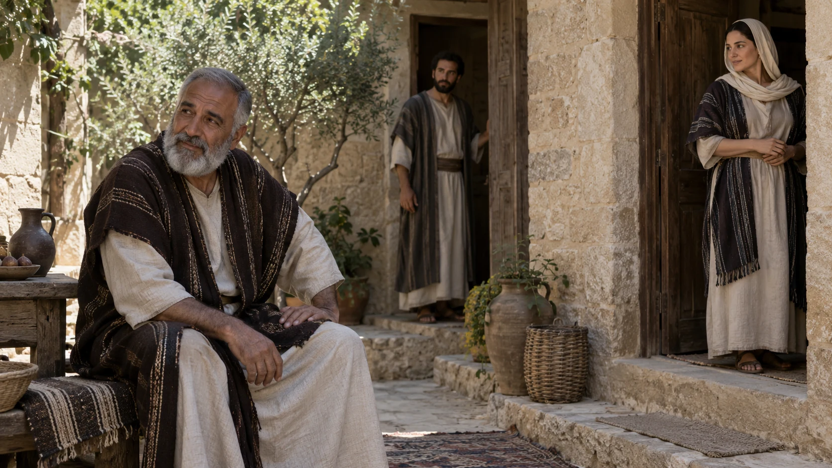 An older man and younger adults occupy separate courtyard thresholds.