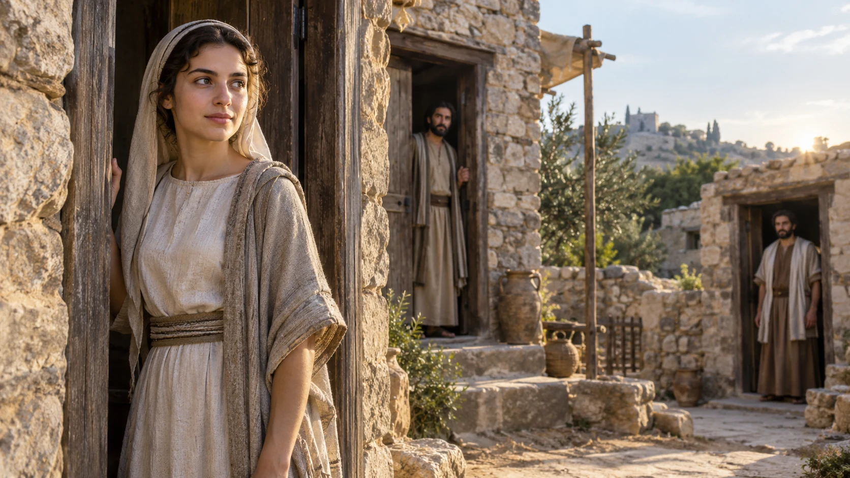 A young woman stands at a doorway with anonymous relatives in distant thresholds.