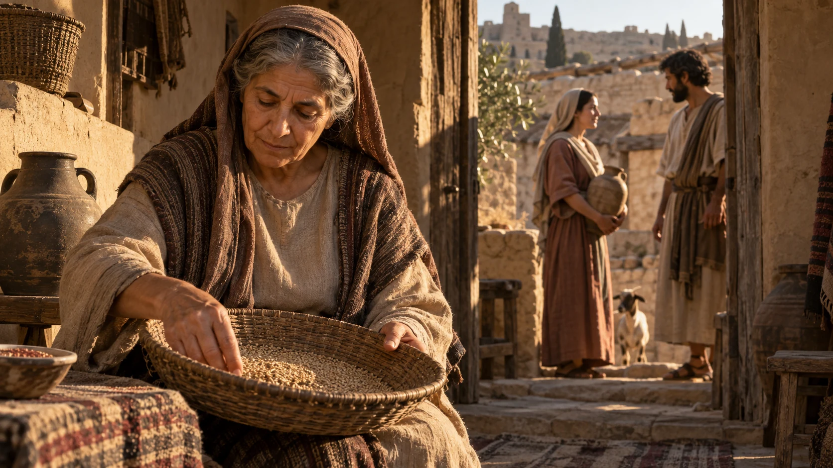 An older woman sorts grain while younger household members stand beyond a doorway.